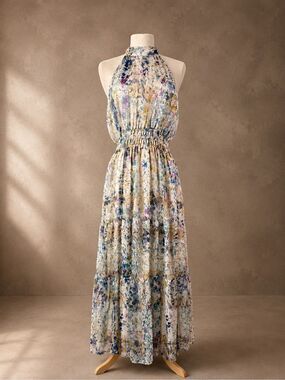 Anthropologie Sz M Somerset Maxi Dress Halter Edition Shimmer Blue